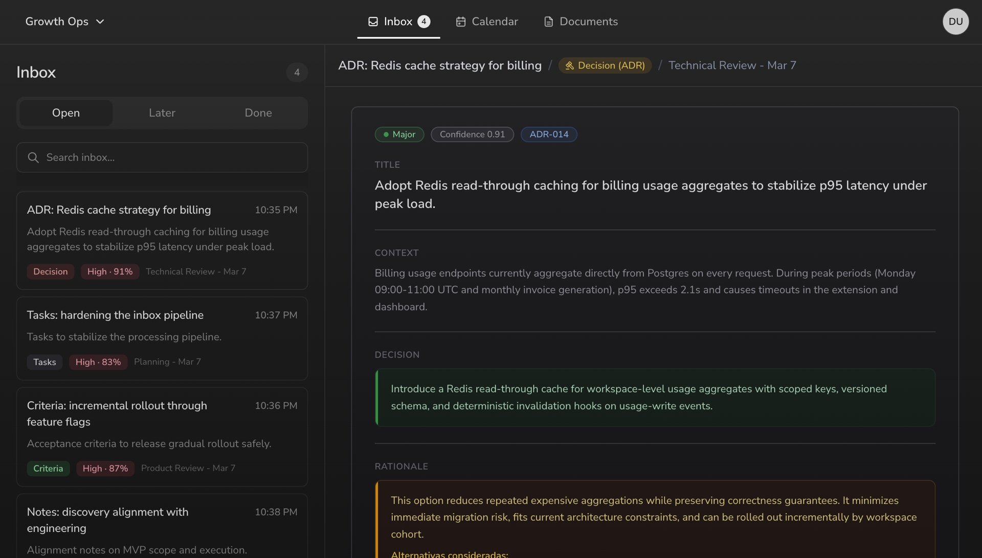Freshbase inbox showing an ADR document with confidence scores and decision rationale